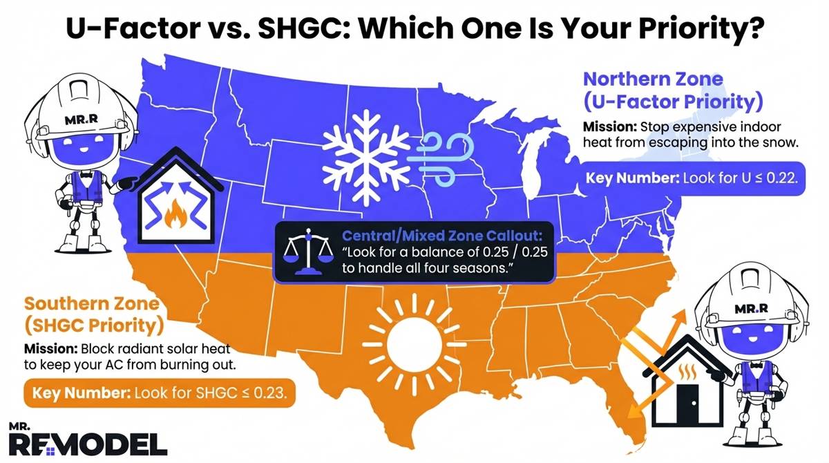 A climate zone map of the U.S. identifies the Northern priority as U-Factor (insulation) and the Southern priority as SHGC (solar blocking), listing the specific Energy Star V7 target ratings for each region.