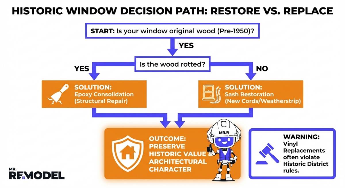 Mr. Remodel decision path infographic guiding owners of pre-1950 historic homes on window care.