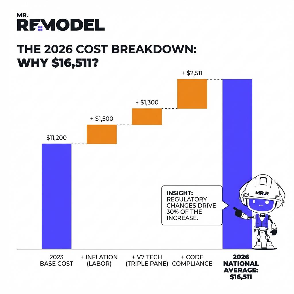 Mr. Remodel waterfall chart showing 2026 window cost drivers: Inflation, Energy Star V7 tech, and code compliance increase the base price to a $16,511 national average.