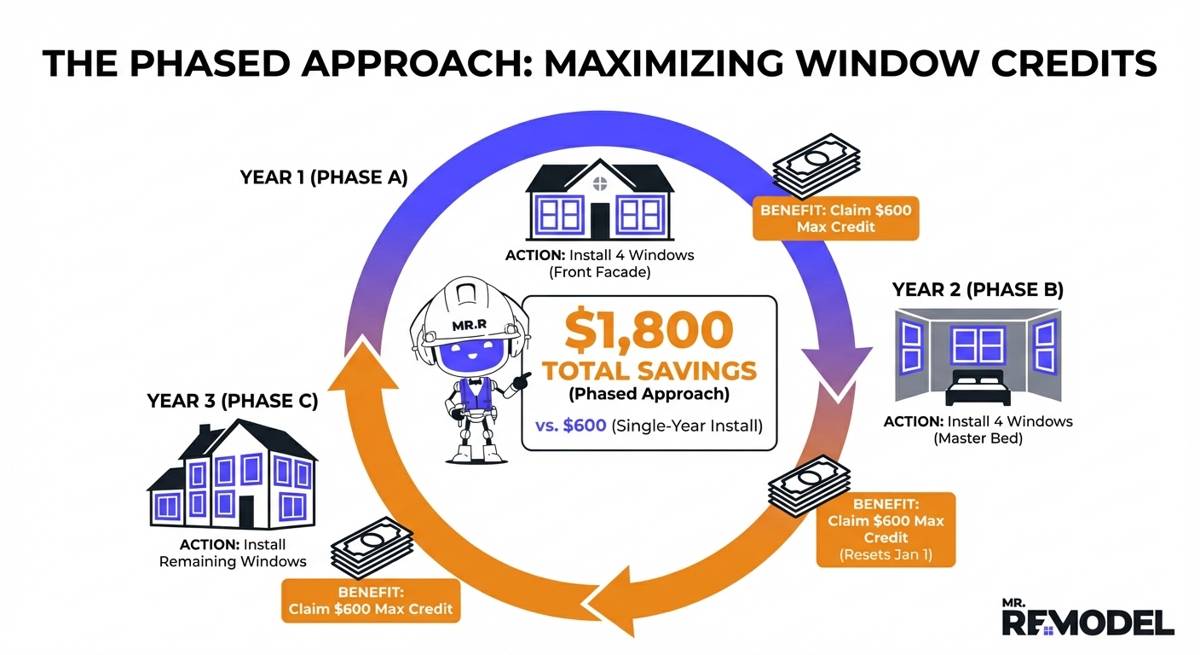It shows a 3-year loop where a homeowner installs 4 windows each year.