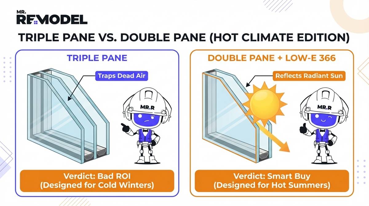A comparison card contrasts triple-pane windows which trap air for cold climates against double-pane Low-E 366 windows which reflect sun for hot climates, identifying the latter as the smarter buy.